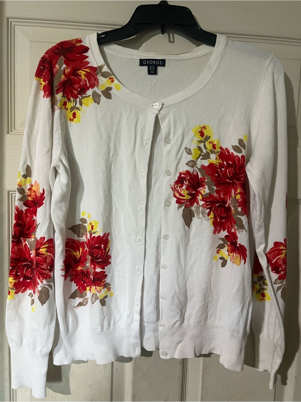 George White Cardigan with Red Floral Print